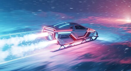A futuristic neon-lit snow speeder races across a vibrant, icy alien landscape at high speed, leaving bright exhaust trails.