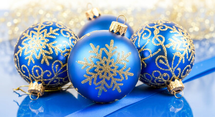 Bright Blue Christmas Ornaments with Golden Snowflake Design, golden bokeh and garland, creating a festive, elegant atmosphere perfect for seasonal promotions, greetings, or decoration themes.