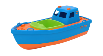 Vibrant blue and orange plastic toy boat designed for kids' play. isolated on transparent background