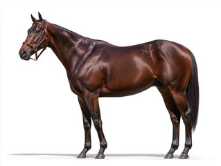 Obraz premium thoroughbred racehorse stands elegantly, showcasing its muscular build and shiny coat. horse exudes strength and grace, embodying spirit of racing
