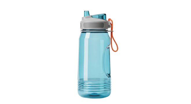 Blue transparent reusable water bottle for sport and hydration isolated on transparent background