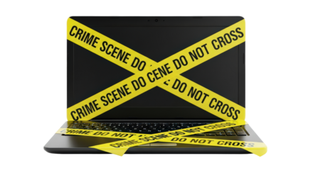 Laptop wrapped in crime scene tape, symbolizing digital security breach isolated on transparent background