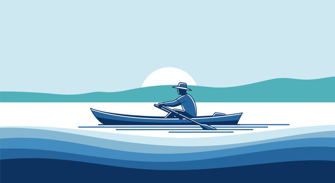 A serene journey vector art illustration, depicting a man rowing on calm water with a backdrop of