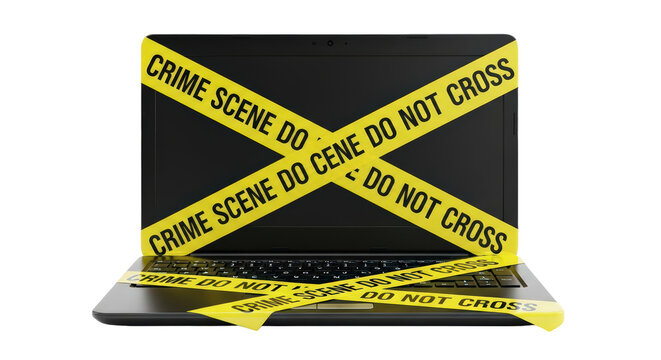 Laptop wrapped in crime scene tape, symbolizing digital security breach isolated on transparent background - Powered by Adobe