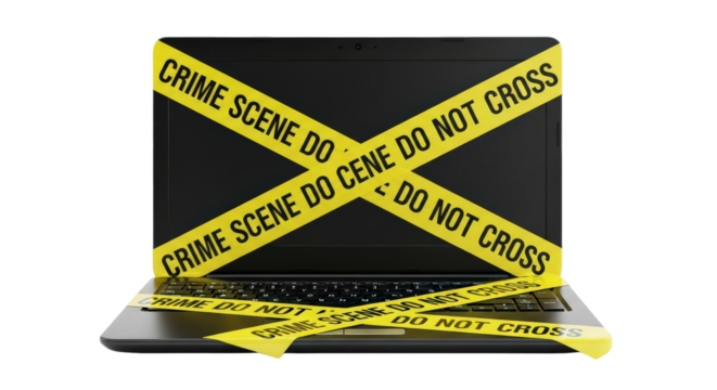 Laptop wrapped in crime scene tape, symbolizing digital security breach isolated on transparent background - Powered by Adobe