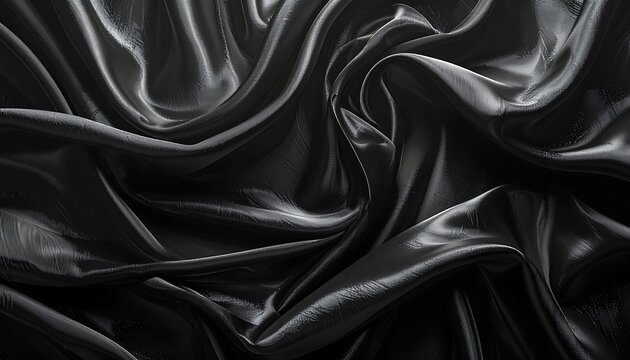 Swirls of lustrous, dark fabric catch the light in a rippling, abstract form with deep shadows and shiny highlights