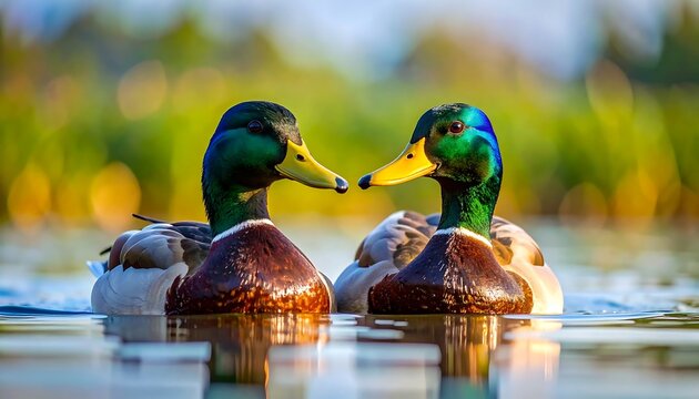 Two male mallard ducks swim in clear water with bright green foliage bokeh in the background, facing one another