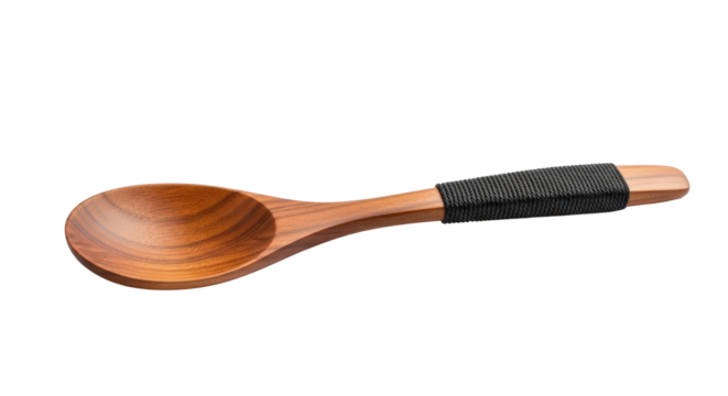 Elegant wood serving spoon with wrapped black cord handle utensil isolated on transparent background