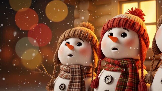 Three adorable snowmen wearing hats and scarves singing carols outside a glowing warm window.