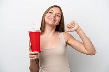 Young Lithuanian woman holding refreshment isolated on white background proud and self-satisfied