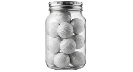 Golf balls stored inside a clear glass jar with a metallic lid isolated on transparent background