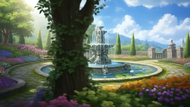 A serene garden oasis with a beautiful fountain and a distant fairytale castle view