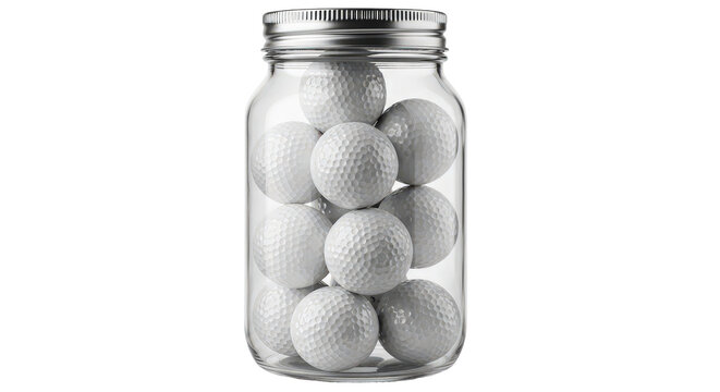 Golf balls stored inside a clear glass jar with a metallic lid isolated on transparent background