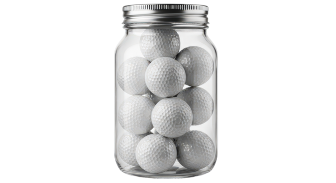 Golf balls stored inside a clear glass jar with a metallic lid isolated on transparent background