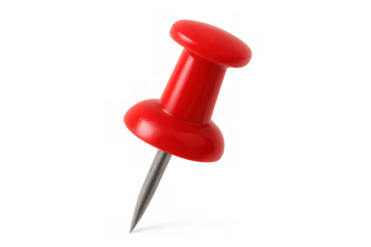 Red pushpin securing ideas, marking locations, or highlighting important information, stationery item with transparent background
