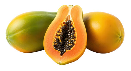 Fresh ripe whole and sliced papaya fruit with seeds, tropical isolated on transparent background