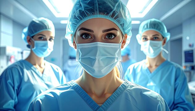 Three women in scrubs and masks, with intense focus, in a sterile, bright hospital operating room setting