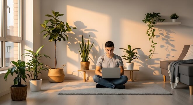 Young man working on laptop, sitting cross-legged on floor in modern living room with houseplants and sunlight, remote work