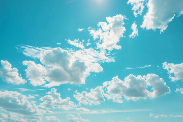 clear blue sky with soft white clouds, minimalistic background, high resolution, studio-grade lighting effect, perfect for text overlay