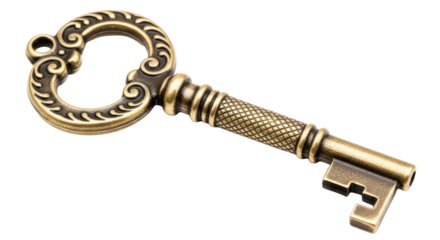 Ornate antique brass skeleton key with intricate details on white isolated on transparent background