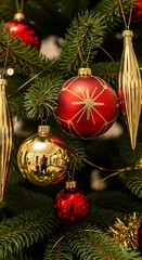 Detailed close-up of a festive Christmas tree adorned with reflective gold and sparkling red ornaments, featuring fresh green evergreen branches and subtle bokeh lights.