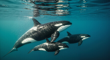Fototapeta premium Orca family with calm mood swimming underwater against deep blue ocean background