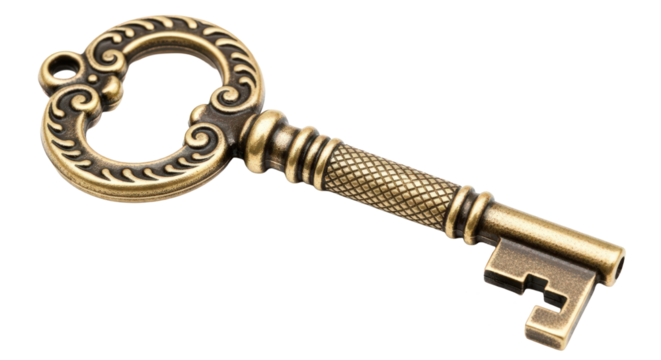Ornate antique brass skeleton key with intricate details on white isolated on transparent background