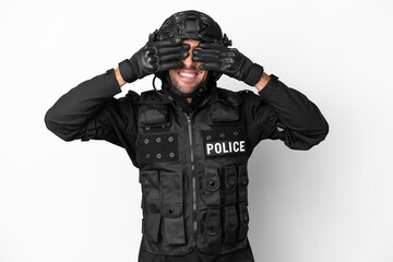 SWAT caucasian man isolated on white background covering eyes by hands
