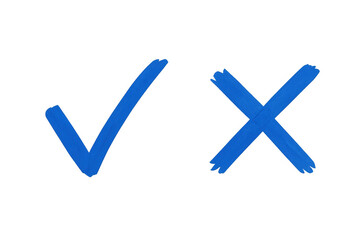Blue check mark and cross symbolizing yes, no, decision, true, false, approval, rejection, choice on transparent background