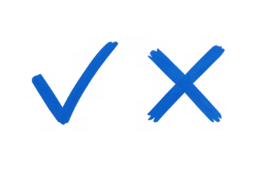 Blue check mark and cross symbolizing yes, no, decision, true, false, approval, rejection, choice on transparent background