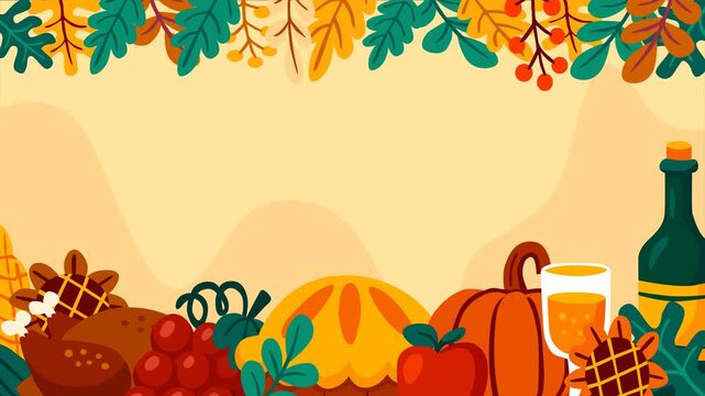 Warm Thanksgiving background featuring pumpkins, roasted turkey, wine, apples, and autumn leaves. Perfect footage for fall holiday greetings, family dinner invitations, or seasonal celebration themes