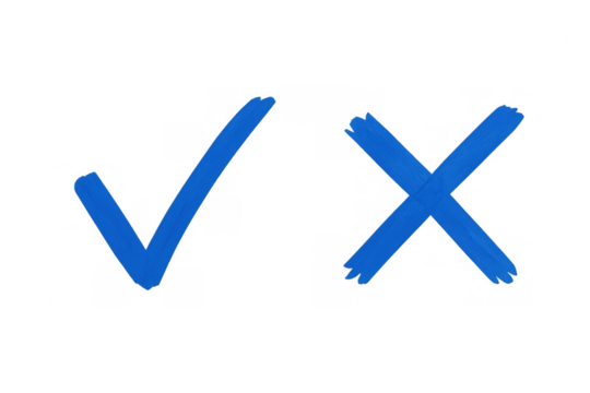 Blue check mark and cross symbolizing yes, no, decision, true, false, approval, rejection, choice on transparent background