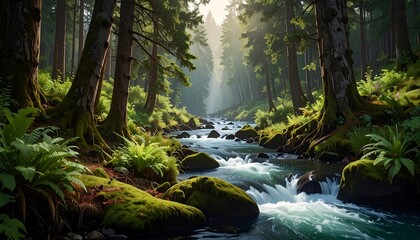 Obraz premium Forest landscape with a river and trees and lush green vegetation scene