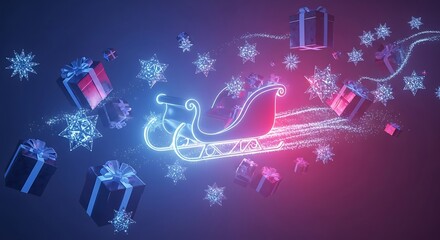 Vibrant neon Santa's sleigh with sparkling trail, surrounded by glowing gifts and snowflakes on a dark, festive background.