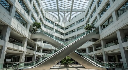 Interior atrium with escalators and glass ceiling in a modern building architecture design