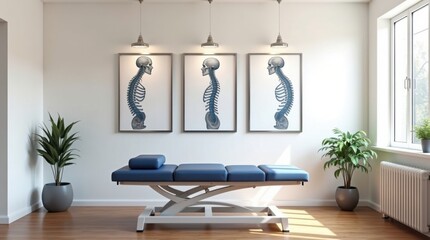 Obraz premium Consultorio quiropráctico con mesa de ajuste ergonómica, paredes blancas impolutas e ilustraciones enmarcadas sobre la alineación de la columna vertebral