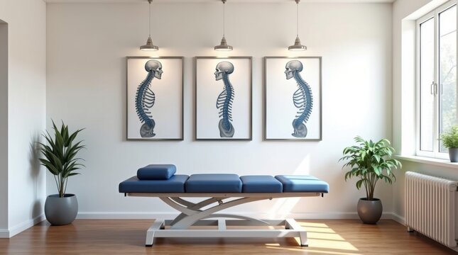 Consultorio quiropr&aacute;ctico con mesa de ajuste ergon&oacute;mica, paredes blancas impolutas e ilustraciones enmarcadas sobre la alineaci&oacute;n de la columna vertebral