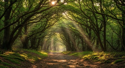 Obraz premium Enchanting Sunlight Illuminates Majestic Forest Pathway Scene