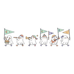 Whimsical Flat Vector Illustration of Cute Ghosts in a Parade Carrying Flags and Playing Instruments with Clean Lines on Black Background