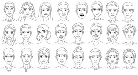 Collection of diverse, stylized, line-art portraits showcasing various facial expressions