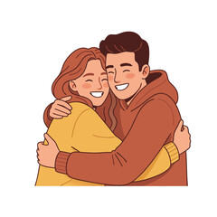 Young Couple Embracing Warmly In A Close Up Hug With Joyful Expressions And Casual Yellow And Brown Outfits In A Flat Vector Style With Clean Lines And A Black Background