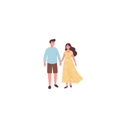 Young Couple Holding Hands Walking In A Springtime Park With Smiles On Their Faces Flat Vector Cartoon Illustration