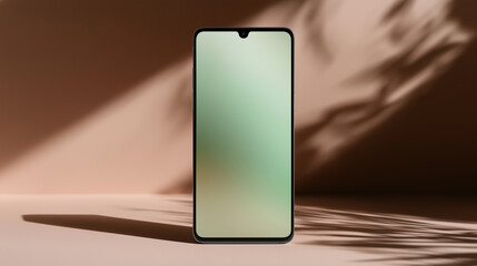 Modern smartphone displays gradient screen resting elegantly upon neutral minimalist surface.