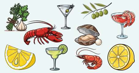 Vibrant seafood feast and refreshing cocktails, perfect for culinary promotions and summer vibes
