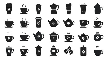 A diverse collection of black silhouette icons representing hot beverages like coffee and tea, perfect for cafe menus and graphic design elements
