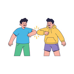 Two Young Men In Casual Clothing Elbow Bumping With Smiling Faces And Sparkles Illustrating Friendship And Connection Isolated On Black Background