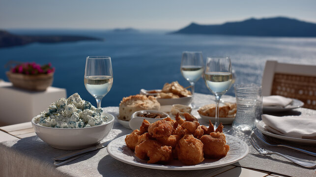 Golden fried Greek honey pastries served elegantly beside white wine glasses.