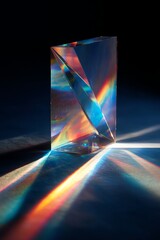 A glass prism refracting light, creating a stunning display of holographic colors and patterns, showcasing the beauty of optics.