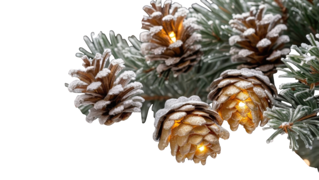 Decorative fir branches with glittery cones and glowing lights, suited for winter event promotions, seasonal social media visuals, and holiday crafts.