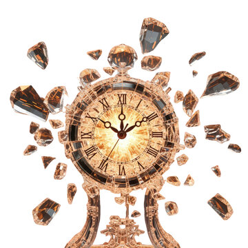 A vintage clock exploding into pieces isolated on transparent background, representing time, destruction, and the passage of time